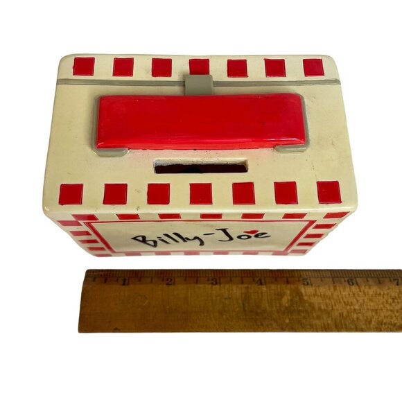 Billy-Joe Retro 80s CheckeredLunch Box Piggy Bank Red Handle Heart Accent - Picture 6 of 8